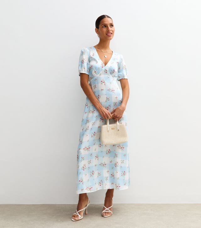 New Look Women's Blue Checked Floral Print Satin Midi Dress New Look - 3