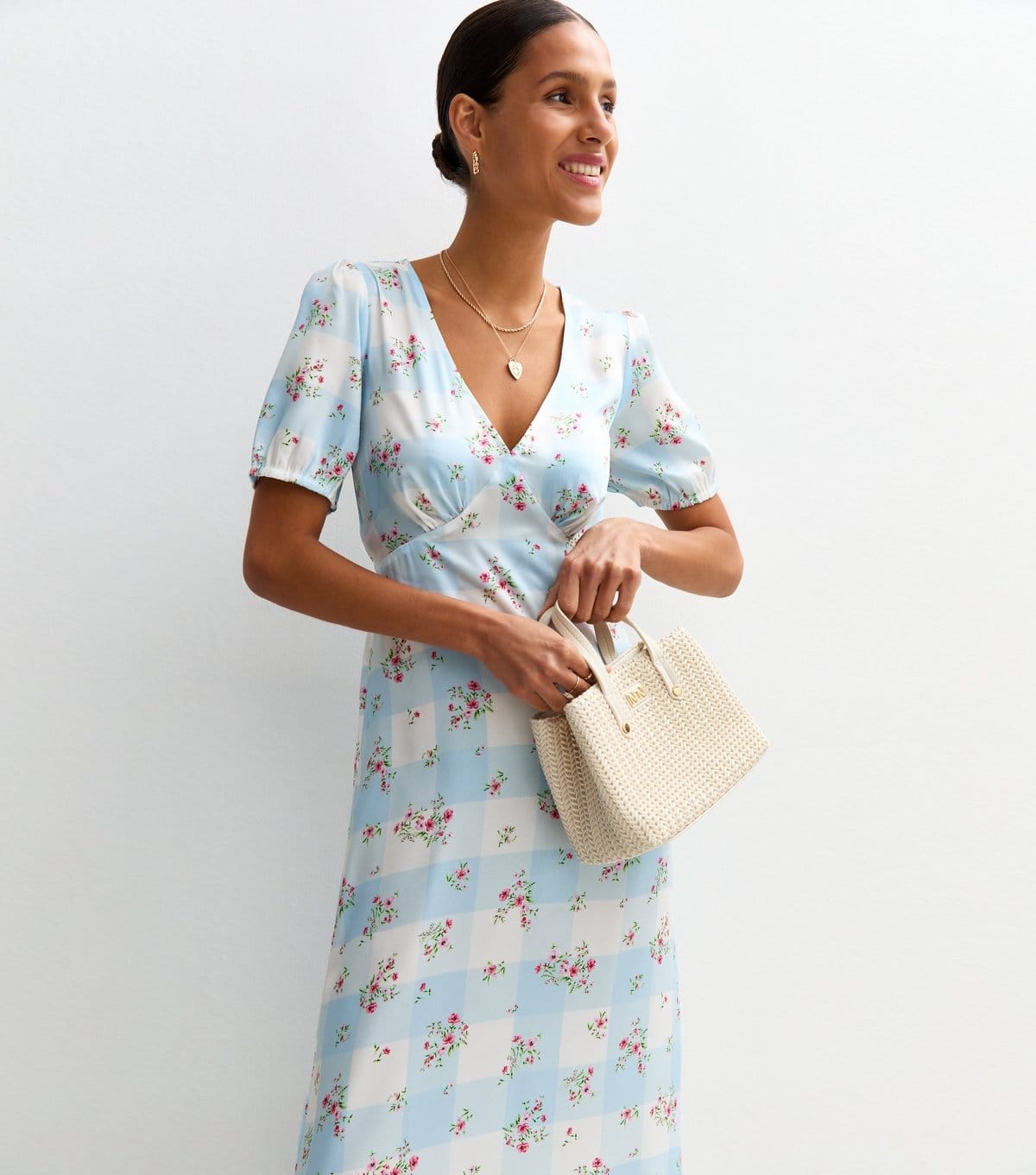 New Look Women's Blue Checked Floral Print Satin Midi Dress New Look - 4