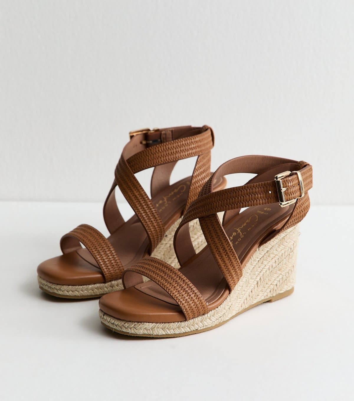 New Look Women's Wide Fit Tan Textured Faux Leather Wedge Sandals Vegan New Look