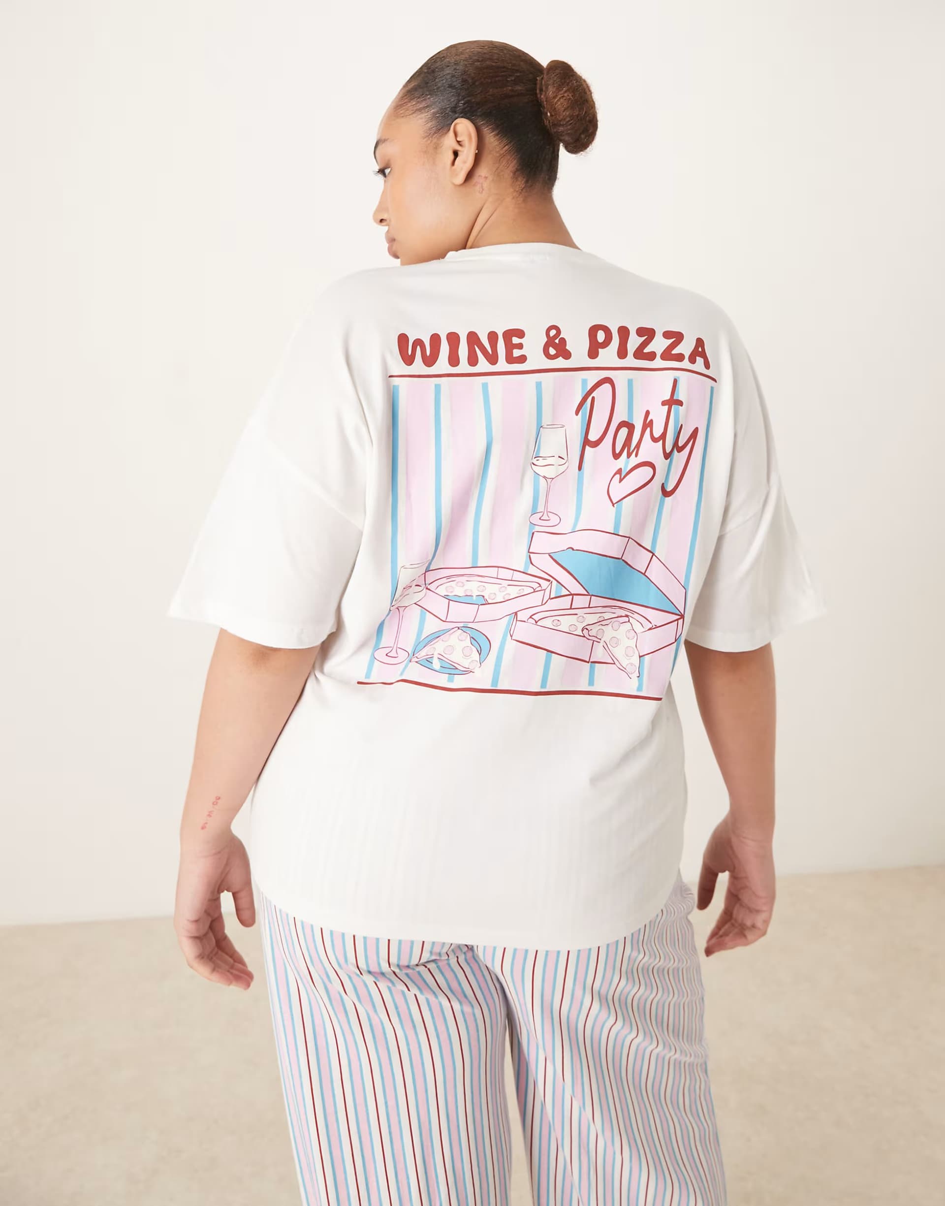 ASOS ASOS DESIGN Curve oversized tee and wide leg jersey trouser pyjama set in pizza & wine graphic