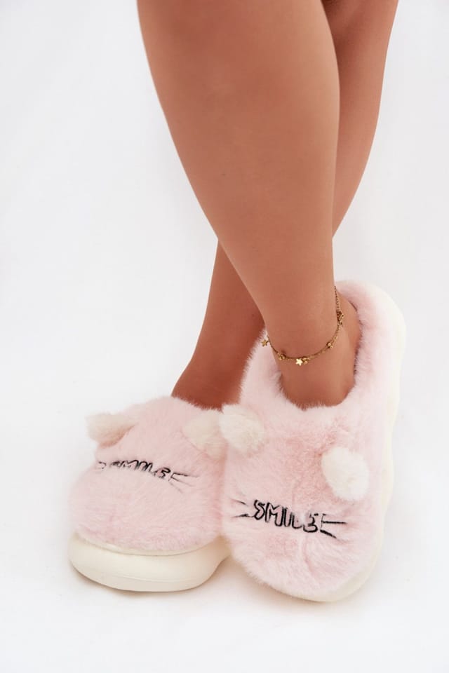 Love Lace Love Lace Women's Fur Home Slippers With Smile Inscription & Cute Ears Soft in Pink - 3