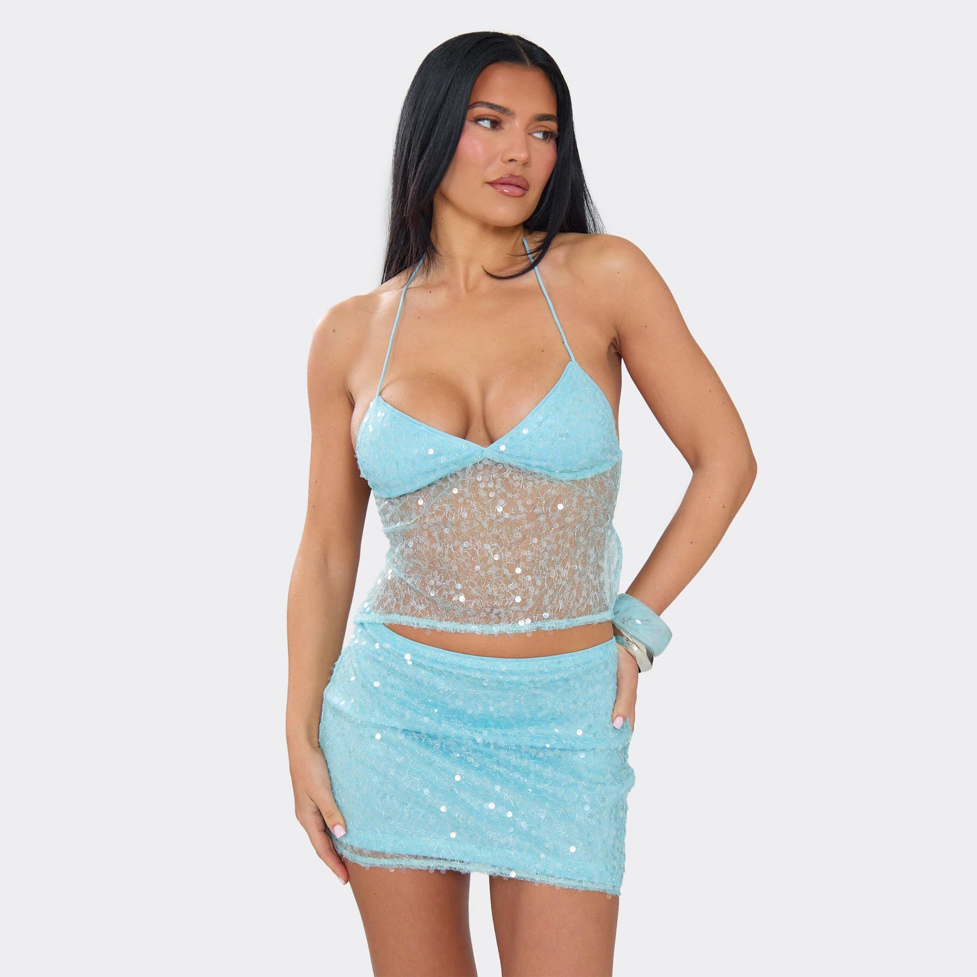 EGO Strappy Halterneck Sheer Top In Blue Sequin, Women's Size UK 6