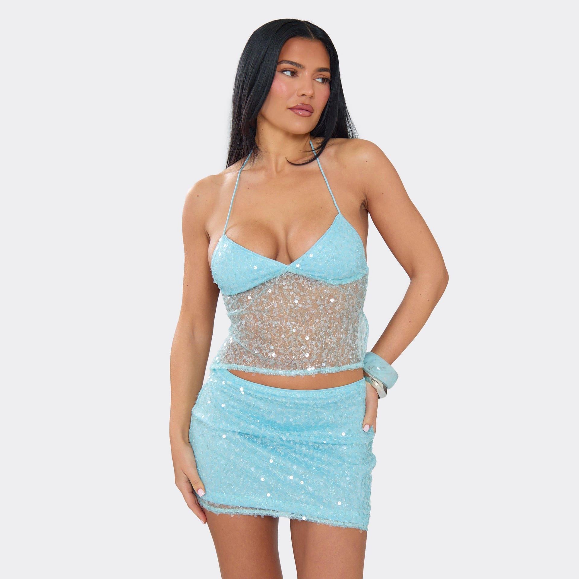 EGO Blue Sequin Strappy Halterneck Sheer Top