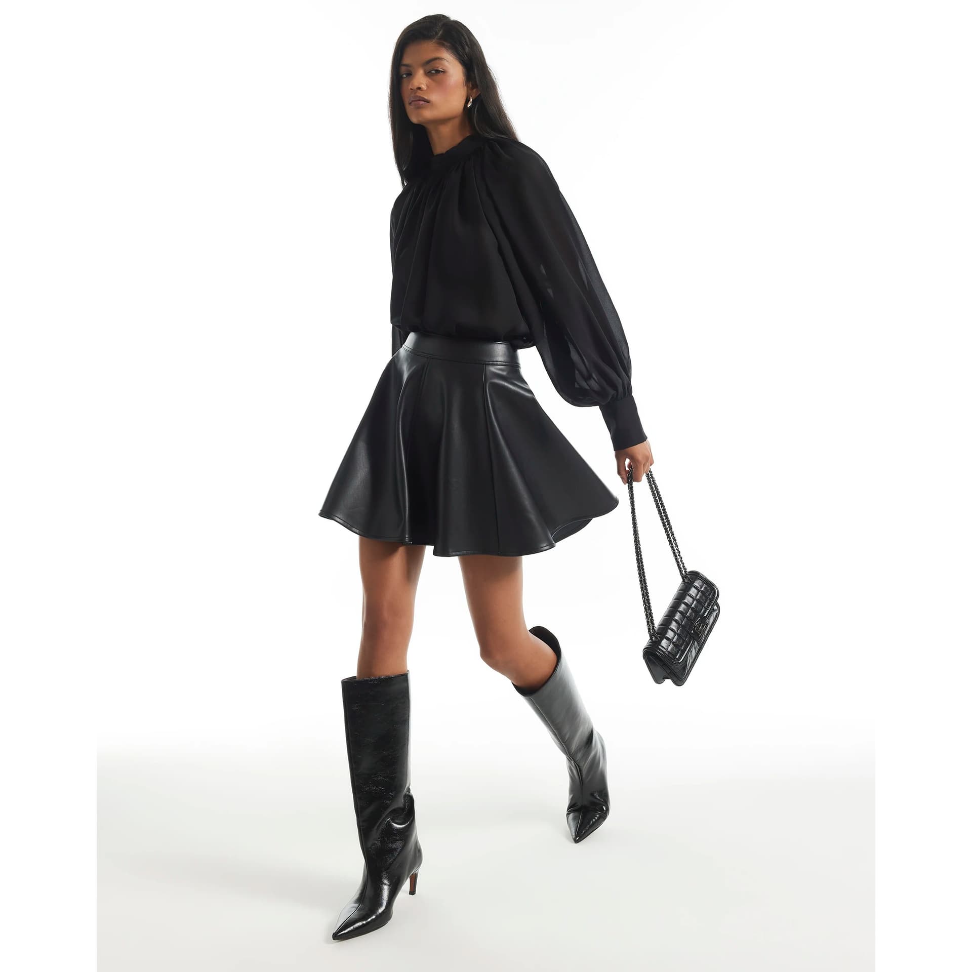 River Island River Island Womens Black Faux Leather Flippy A Line Skirt
