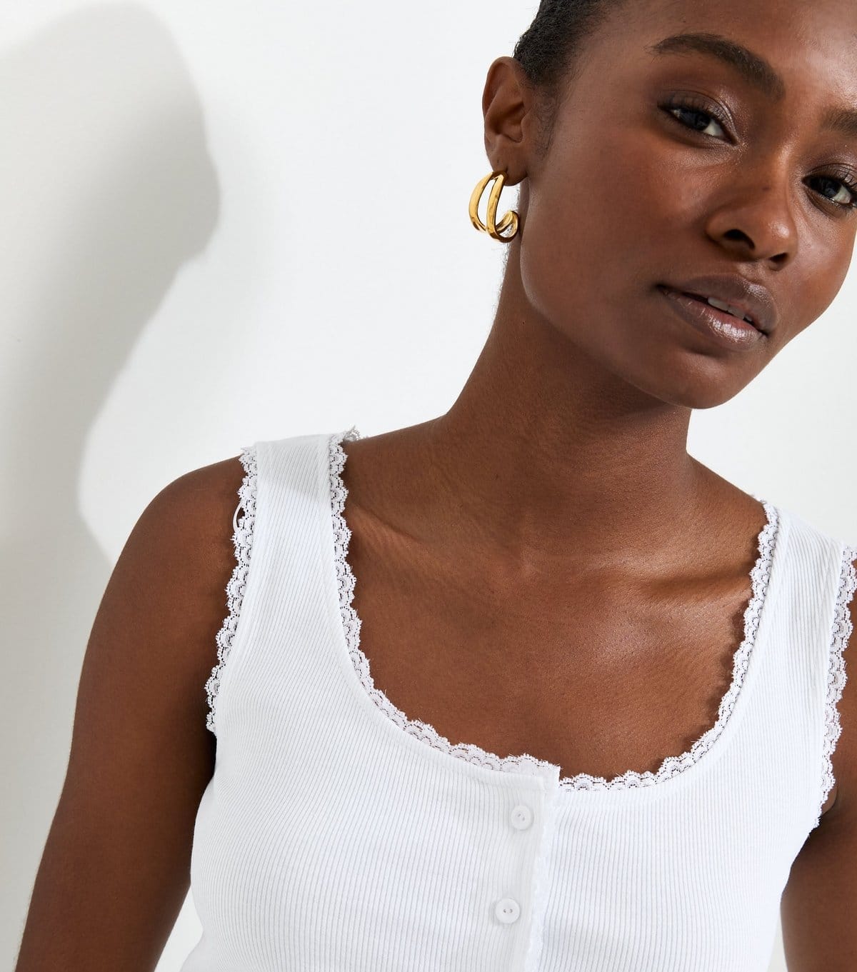 Women's White Cotton Rich Lace Trim Button Through Vest New Look