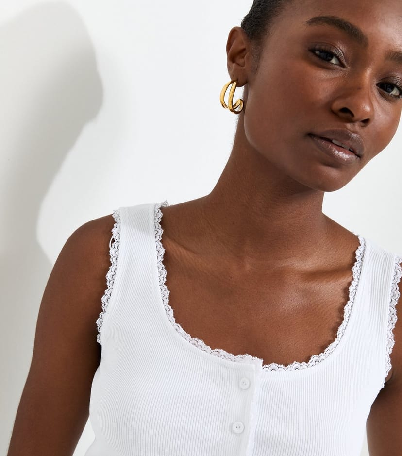 New Look Women's White Cotton Rich Lace Trim Button Through Vest New Look - 1