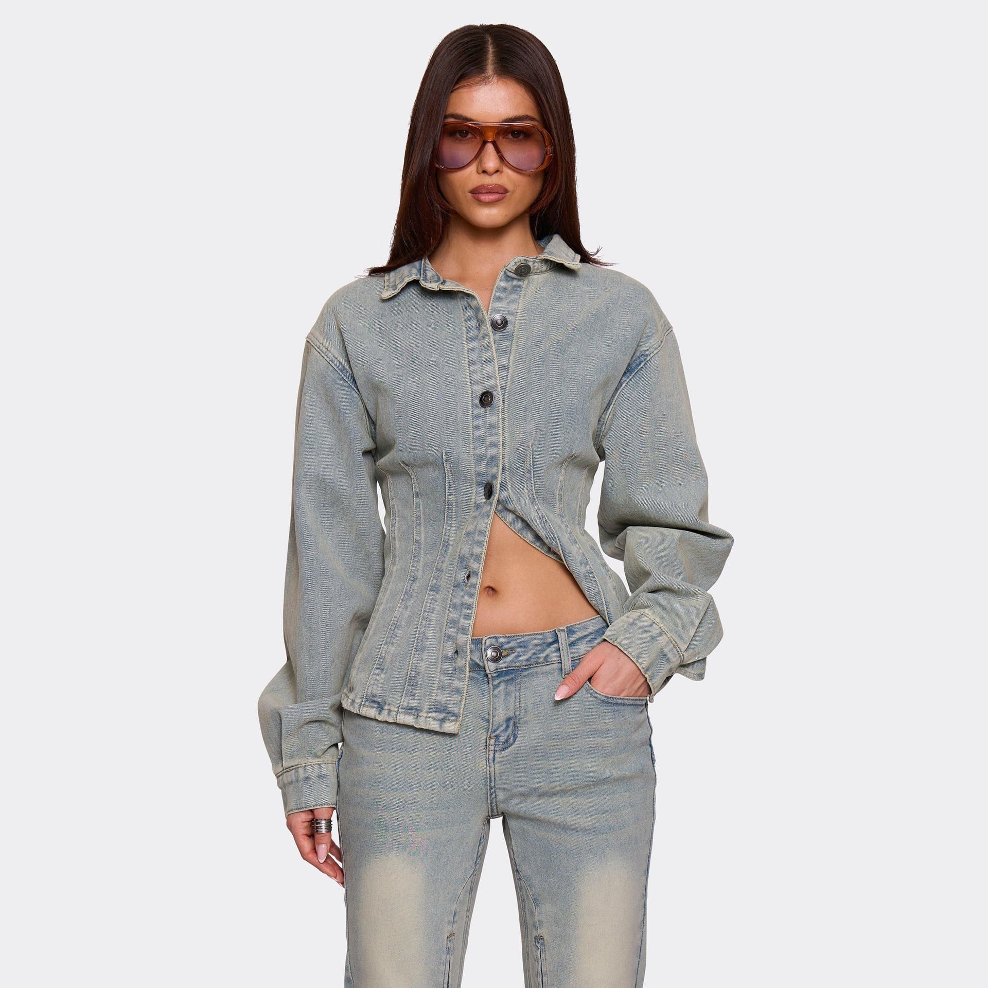 EGO EGO Blue Washed Denim Jacket With Seam Detail