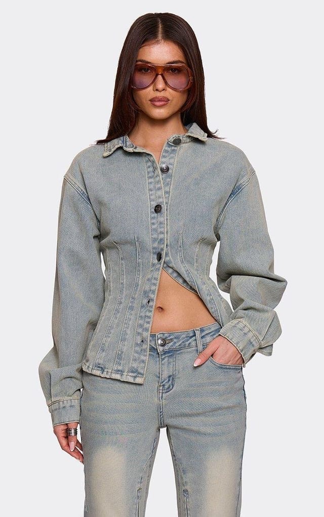 EGO Long Sleeve Button Up Front Seam Detail Jacket In Blue Washed Denim, Women's Size UK 6 - 2