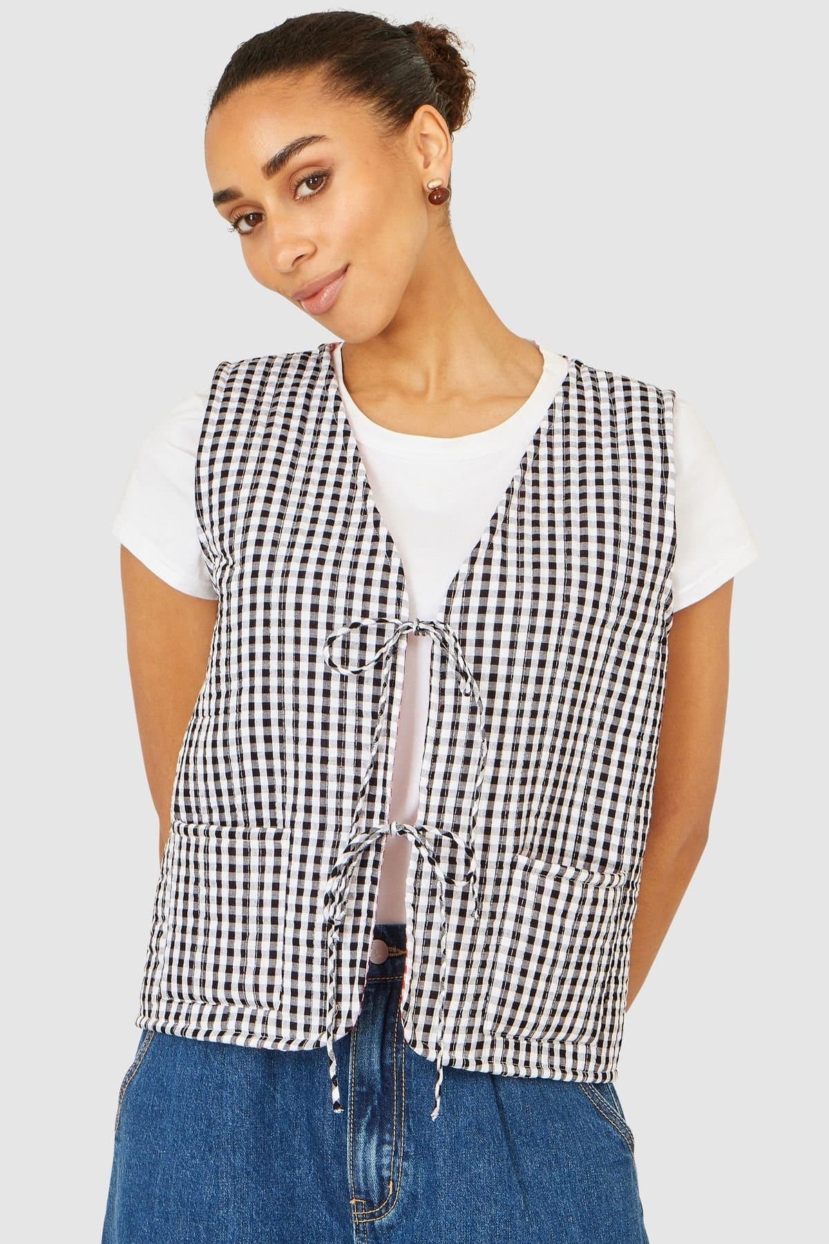 Yumi Yumi Women's Black Gingham Reversible Cotton Tie Waistcoat