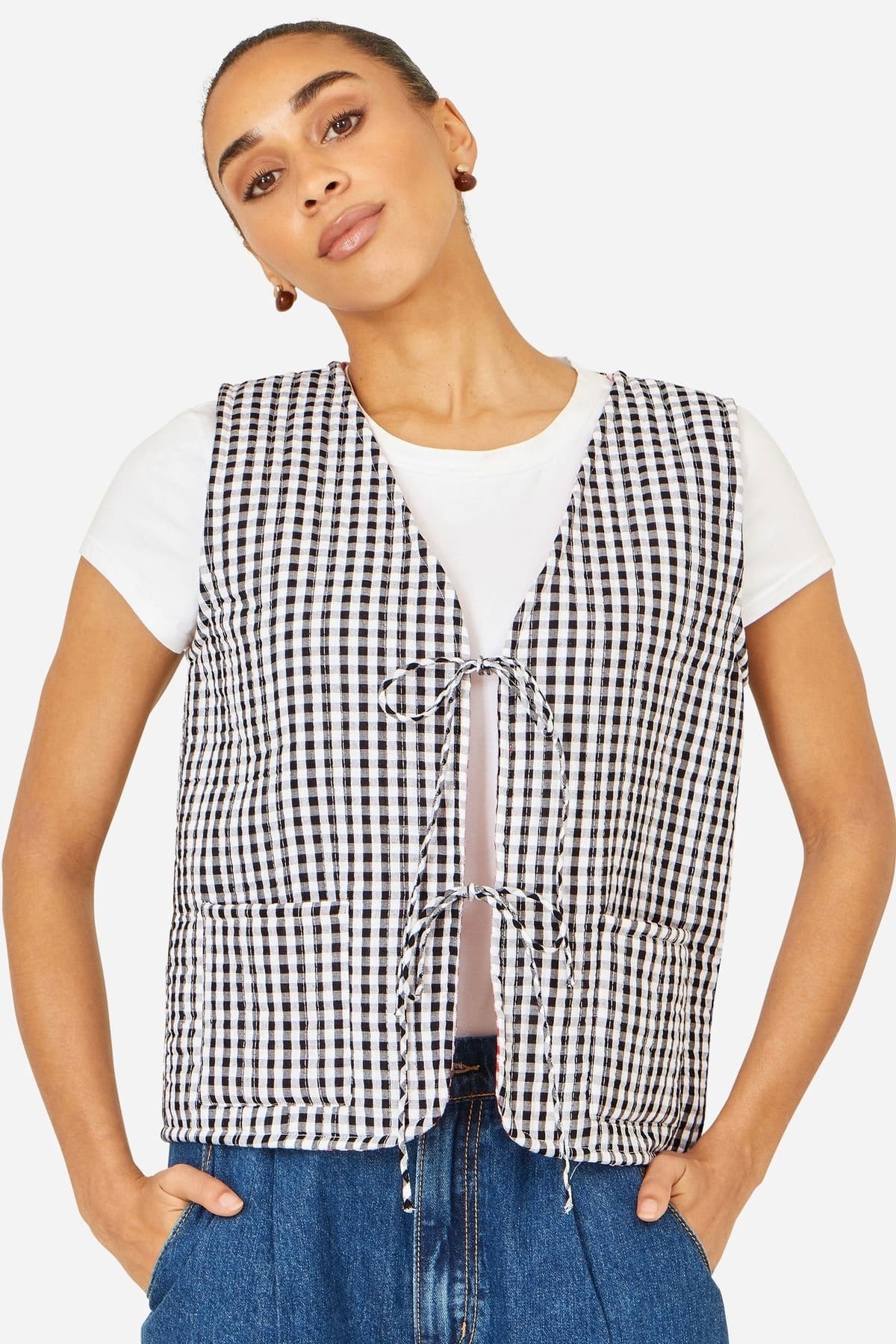 Yumi Yumi Women's Black Gingham Reversible Cotton Tie Waistcoat - 4