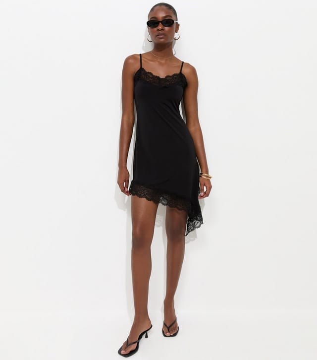 New Look Women's Black Jersey Lace Trim Asymmetric Hem Cami Mini Dress New Look - 3