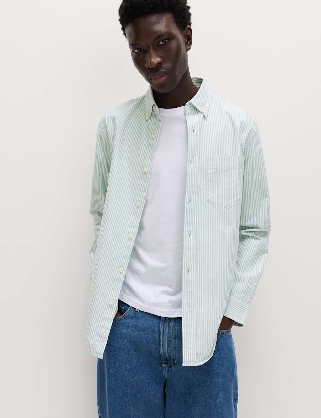 Marks & Spencer M&S Regular Fit Pure Cotton Striped Shirt Olive Mix