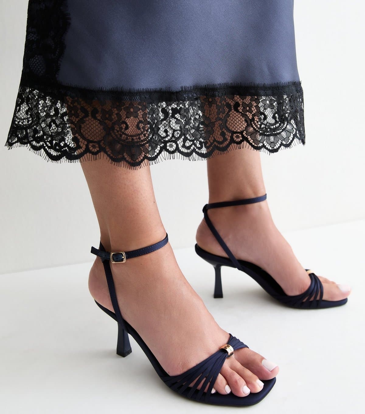 New Look Women's Navy Satin Multi Strap Stiletto Heel Sandals Vegan New Look