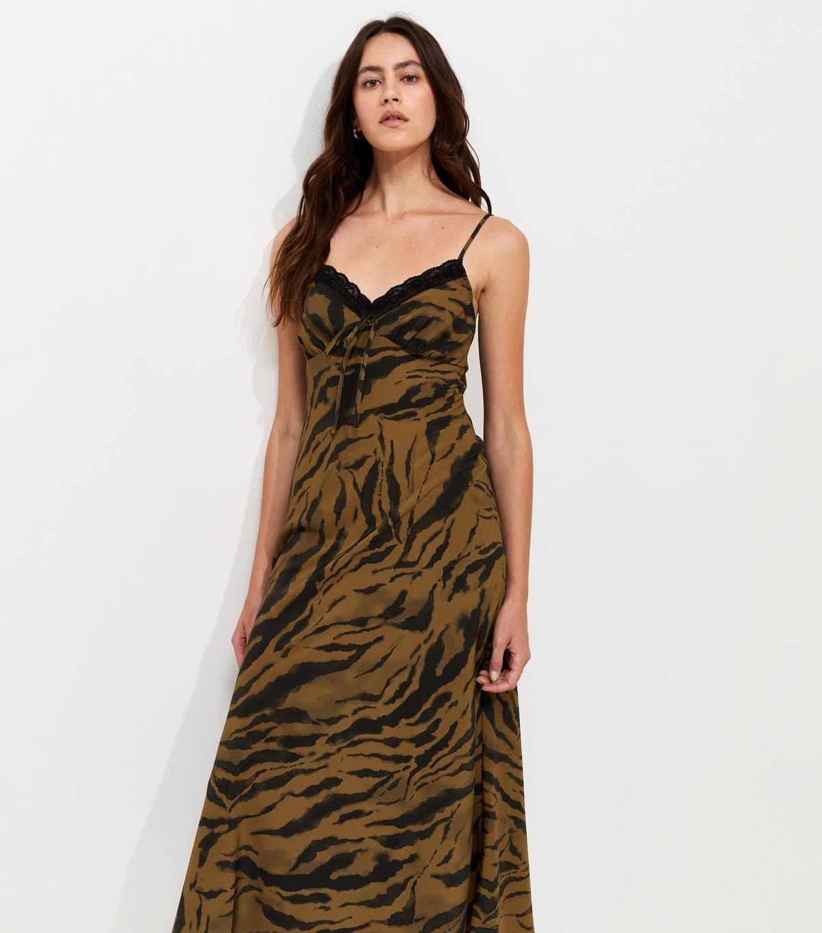 New Look Women's Brown Tiger Print Lace Trim Midi Dress New Look