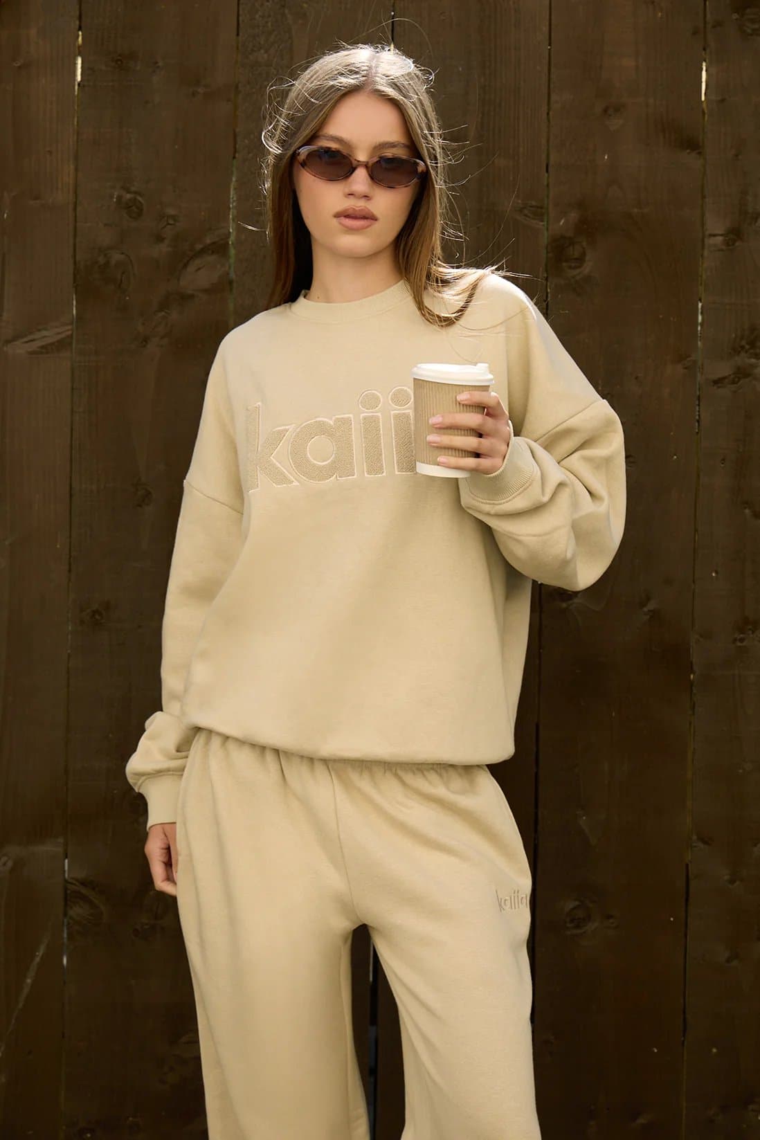 Kaiia Kaiia Borg Logo Oversized Sweatshirt Cool Taupe