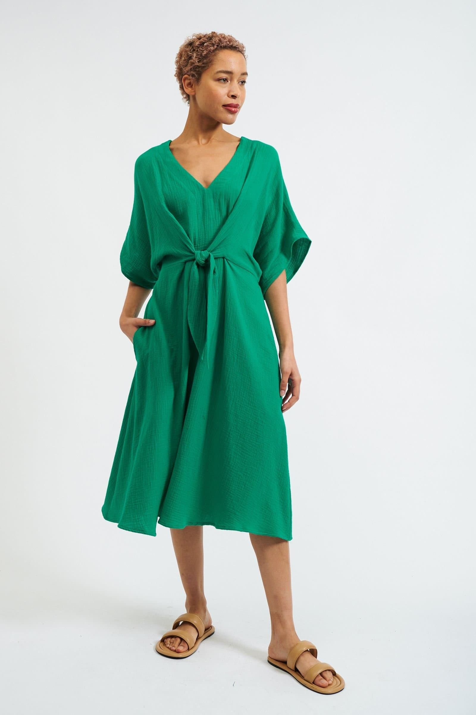 Louche Louche Women's Elody Double Gauze Tie Waist Midi Dress - Green