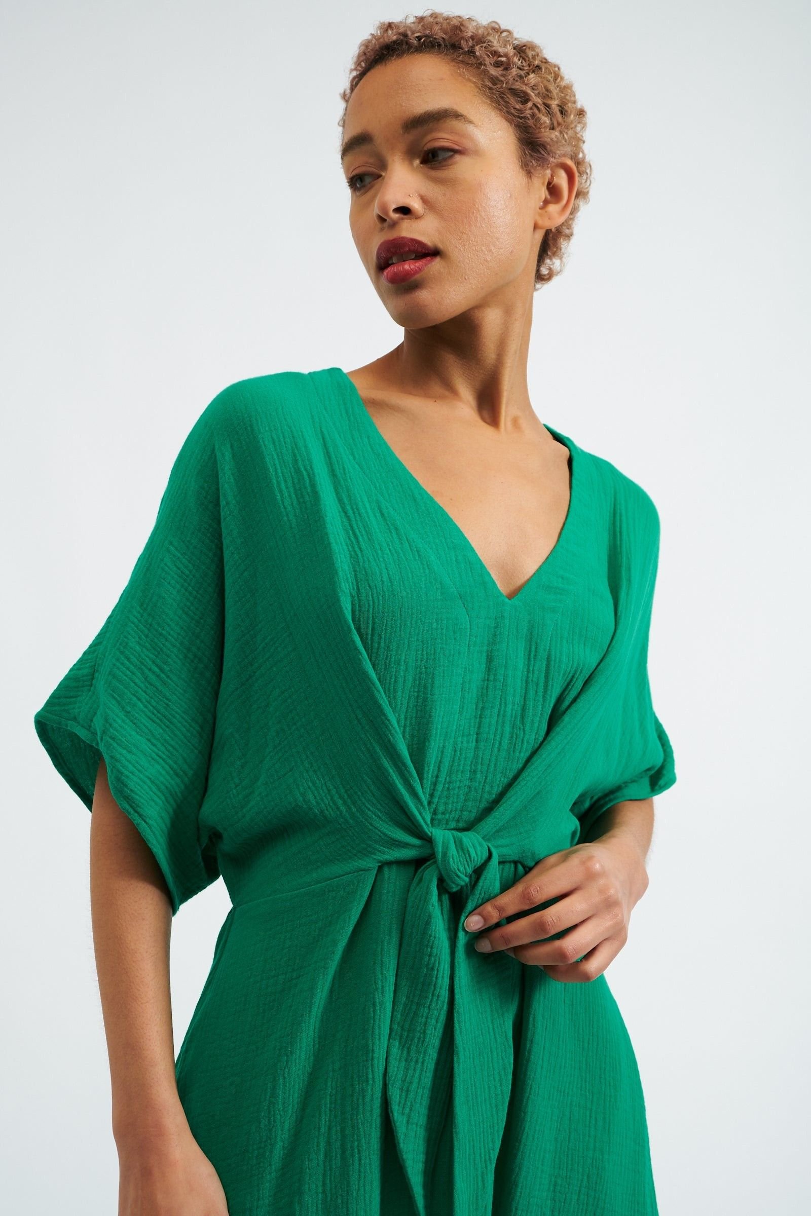 Louche Louche Women's Elody Double Gauze Tie Waist Midi Dress - Green - 3