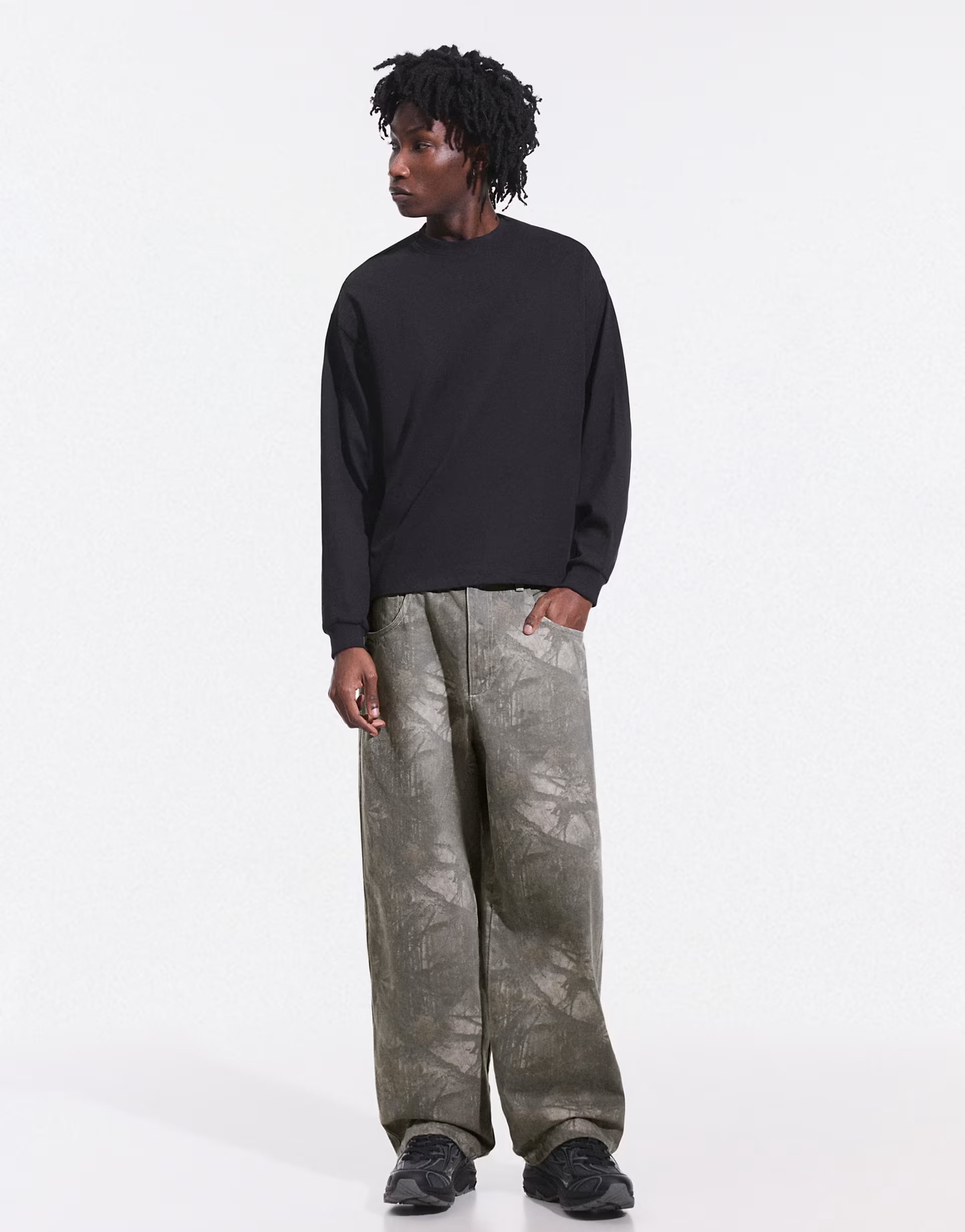 ASOS Bershka Super baggy print trousers in grey - 1