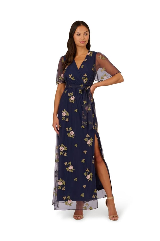 Adrianna Papell Adrianna Papell Women's Embroidered Flutter Dress in Navy - 2