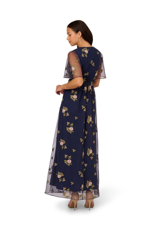 Adrianna Papell Adrianna Papell Women's Embroidered Flutter Dress in Navy - 3