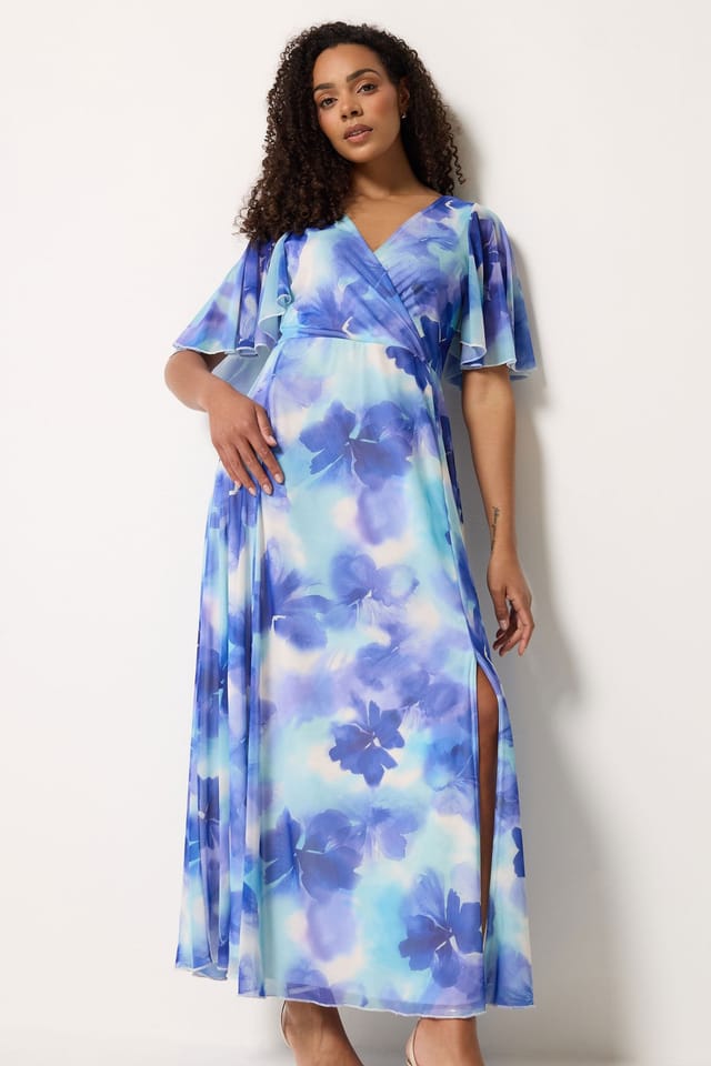 M&Co M&Co Women's Floral Print Mesh Maxi Wrap Dress in Blue - 3