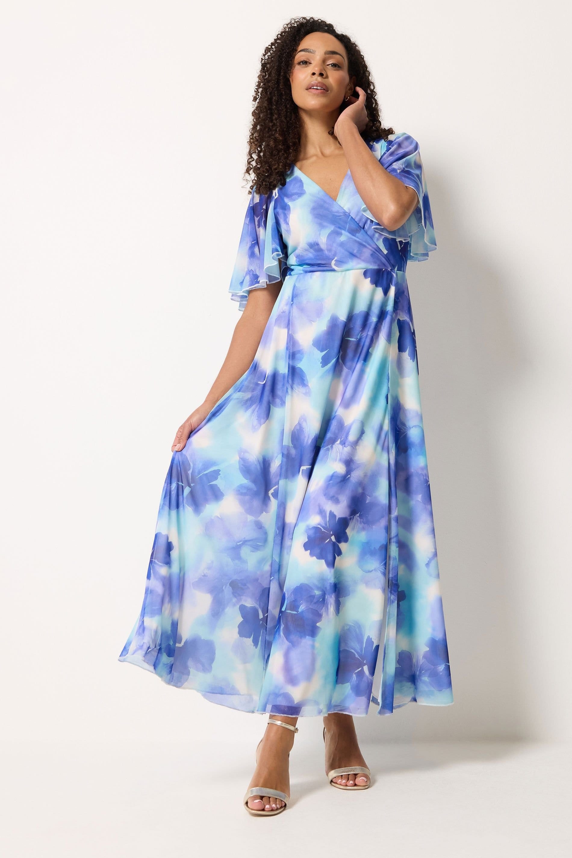 M&Co M&Co Women's Floral Print Mesh Maxi Wrap Dress in Blue - 4