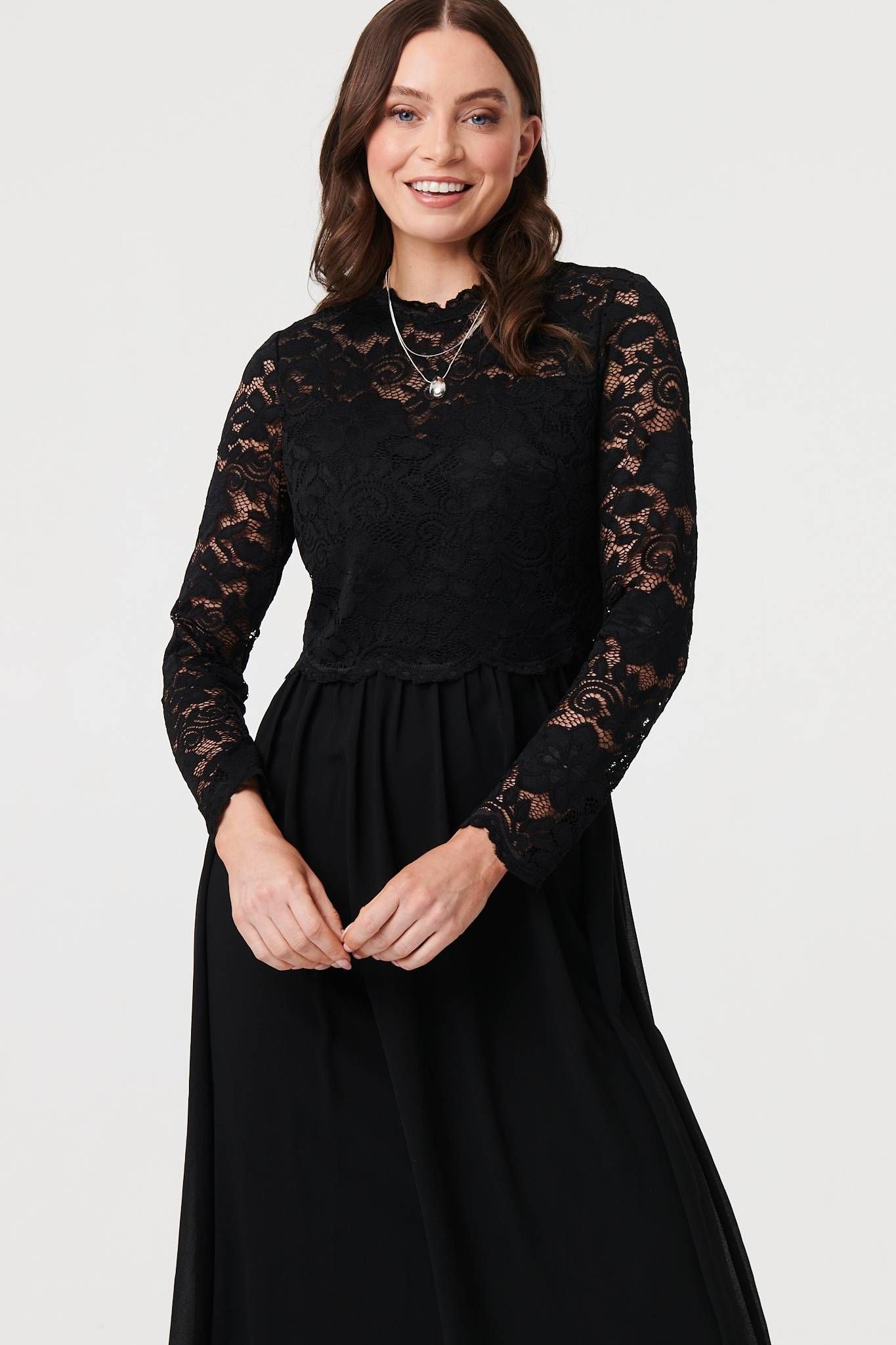 Izabel London Izabel London Women's Lace Semi Sheer Layer Knee Length Dress in Black - 2