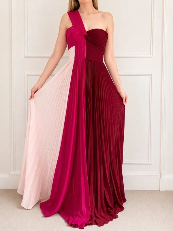 Forever Unique Forever Unique one shoulder pleated maxi gown / colour block / pink fuchsia blush / 10 / new