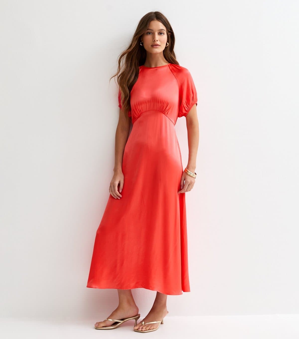 New Look Women's Coral Satin A-line Midi Dress New Look
