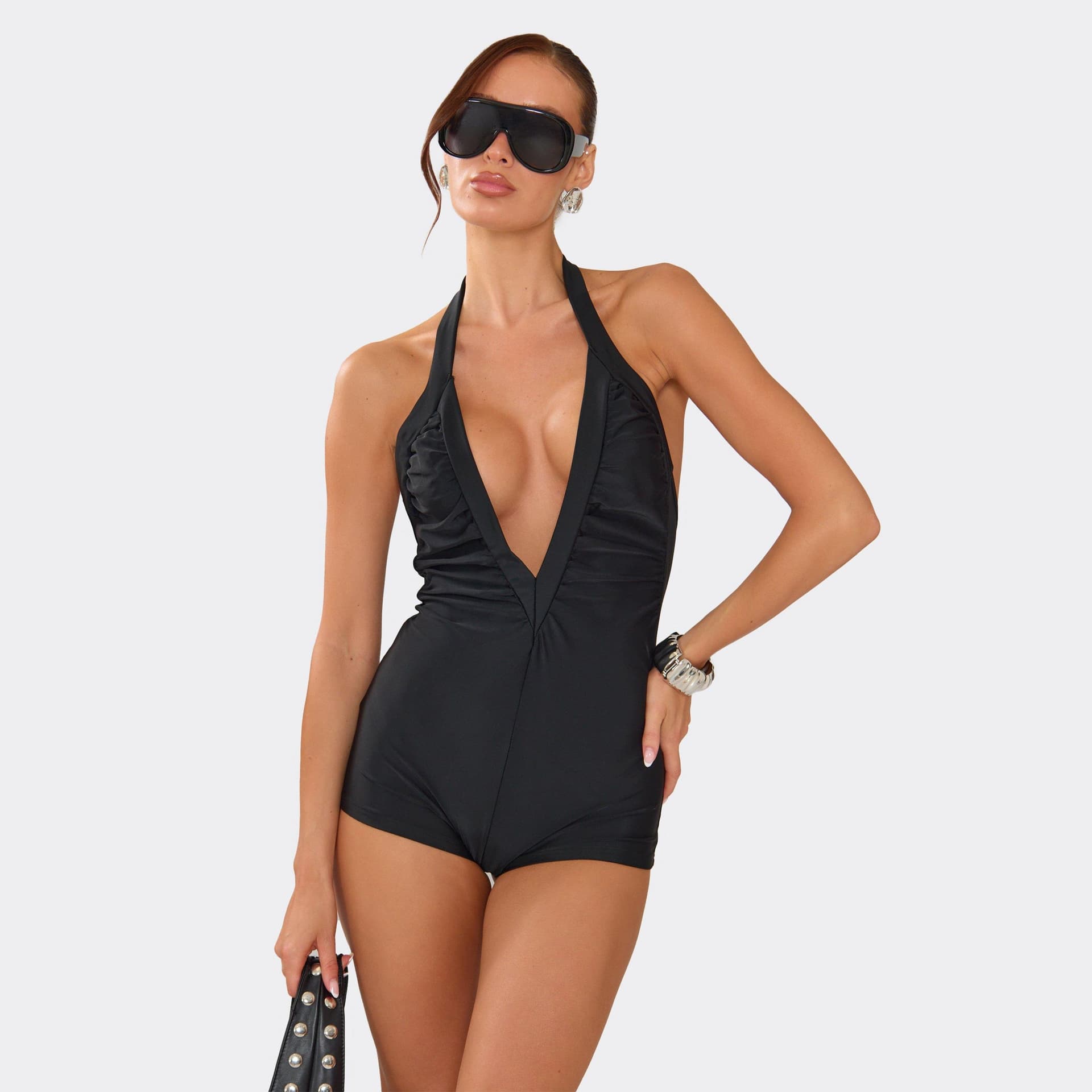 EGO Halterneck V Plunge Front Ruched Detail Playsuit In Black, Women's Size UK L