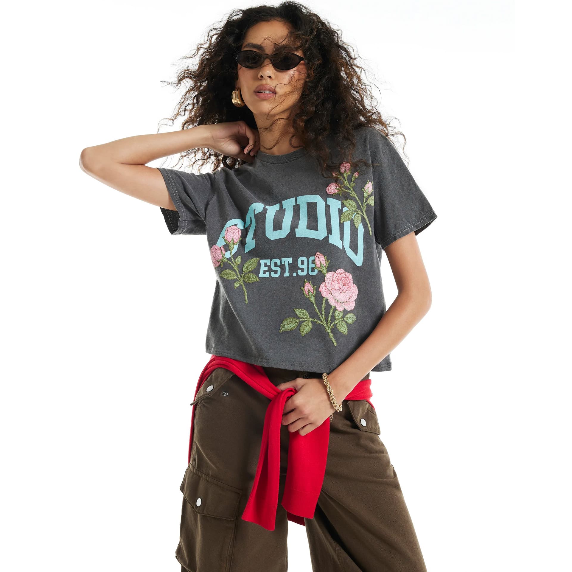 River Island River Island Womens Grey Studio Cropped Short Sleeve T-Shirt