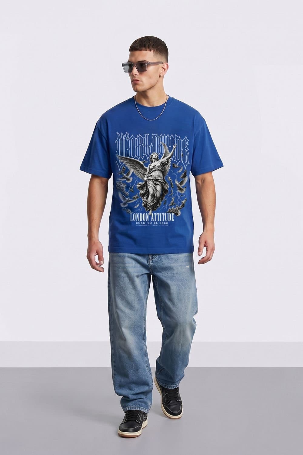 LONDON ATTITUDE LONDON ATTITUDE Men's Worldwide Angel Oversized Heavyweight Graphic T-Shirt in Royal