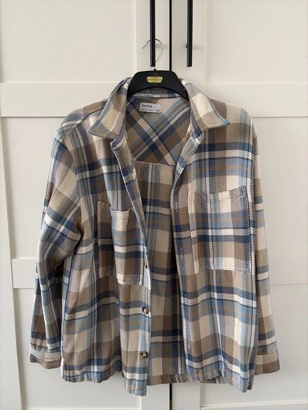 Bershka Men's Beige and Blue Tartan Jacket