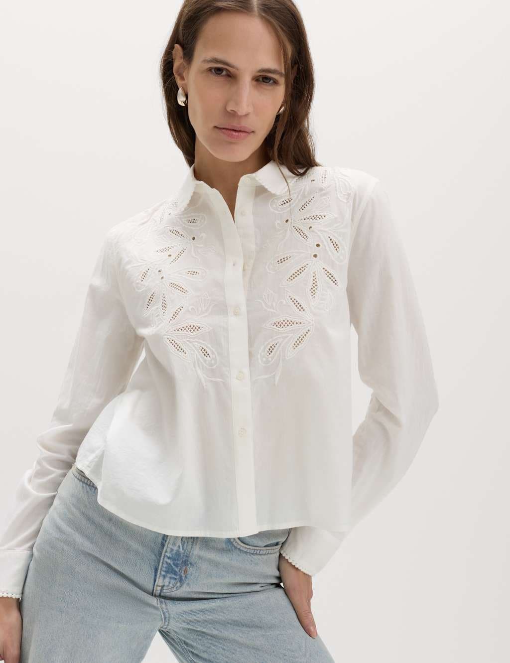 Marks & Spencer M&S Pure Cotton Embroidered Collared Shirt Soft White