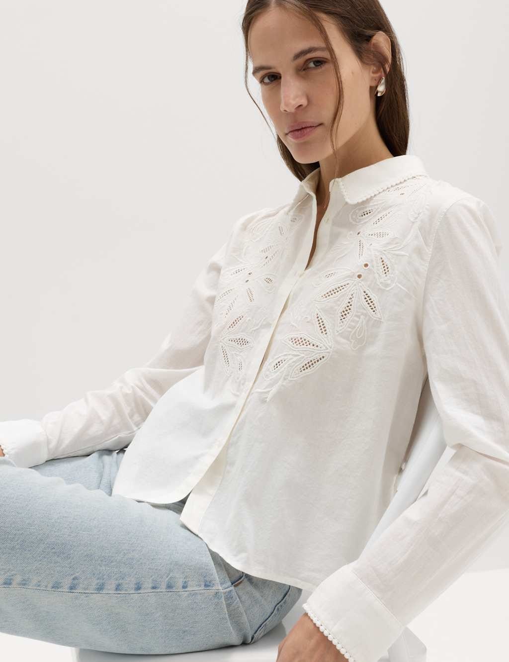 Marks & Spencer M&S Pure Cotton Embroidered Collared Shirt Soft White - 4