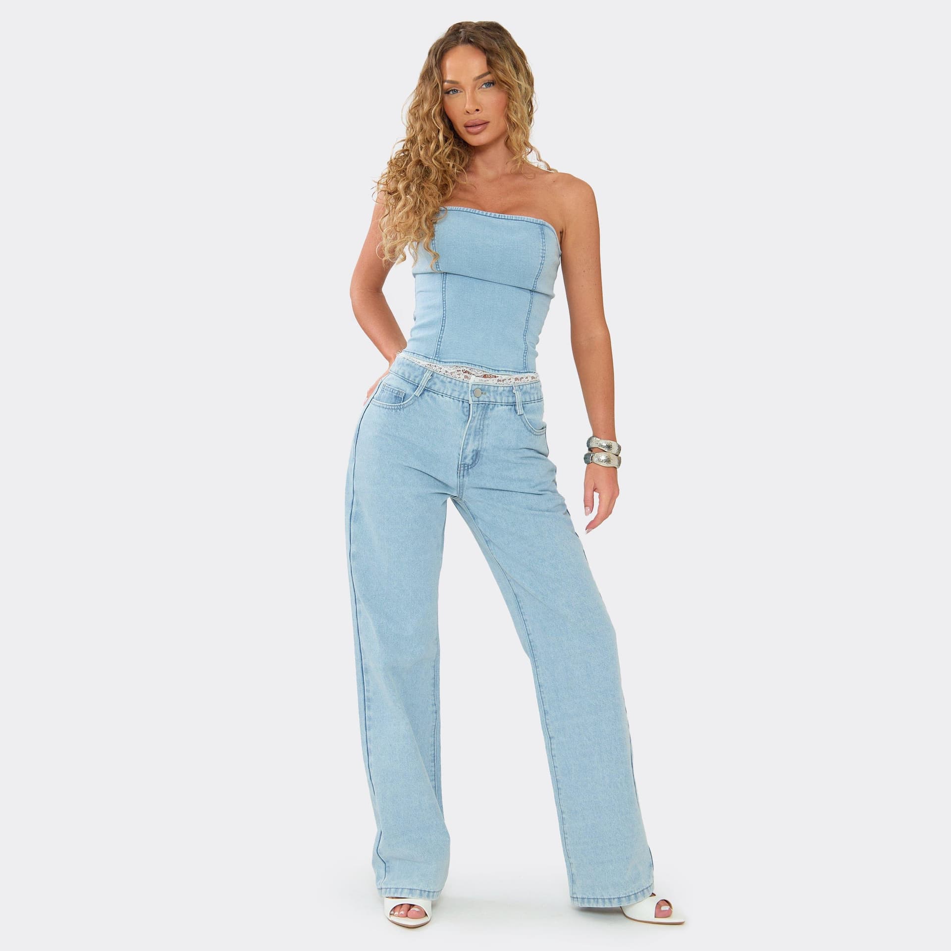 EGO Mid Rise Lace Trim Straight Leg Jeans In Blue Denim, Women's Size UK 6