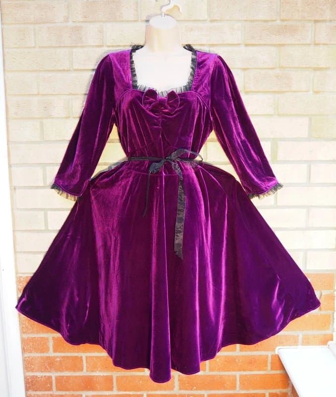 Mika Mika purple bow velvet black tulle trim midi gothic winter party skater dress 14 L