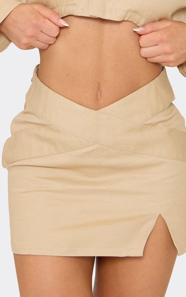 EGO Dipped Waist Split Hem Mini Skirt In Beige, Women's Size UK 6 - 2