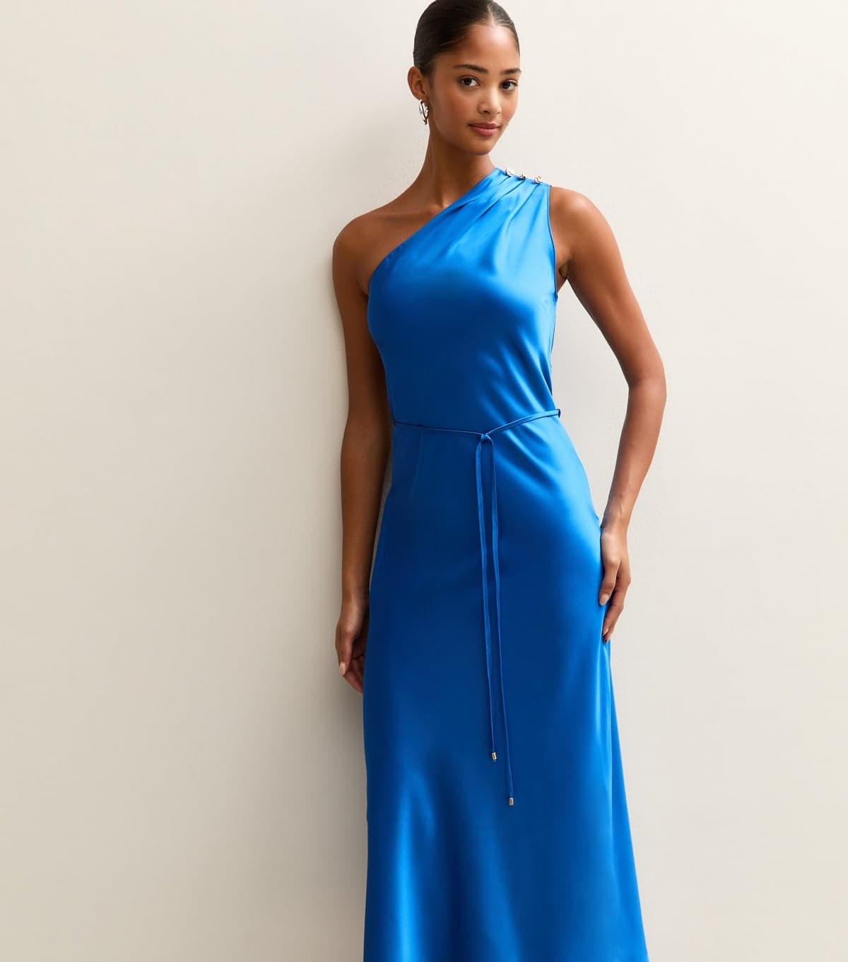 New Look Women's Bright Blue Satin One Shoulder Tie Waist Midi Dress New Look