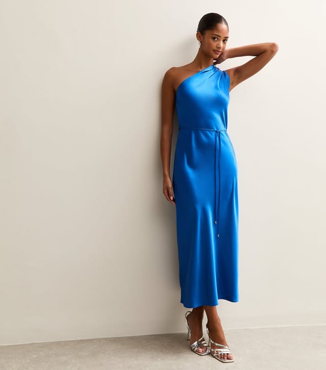 New Look Women's Bright Blue Satin One Shoulder Tie Waist Midi Dress New Look - 3