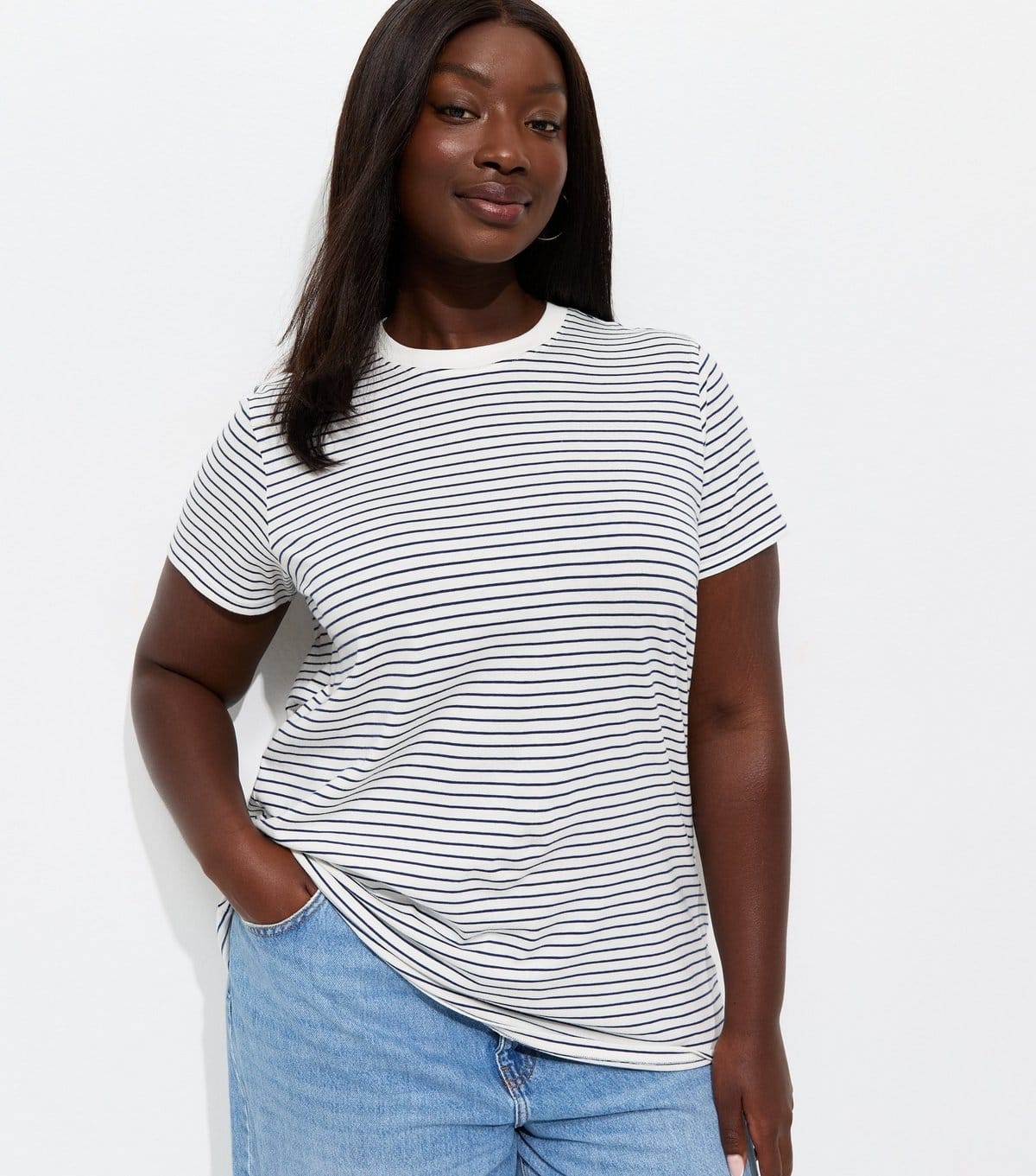 New Look Plus Size Blue Striped Relaxed Fit T-Shirt