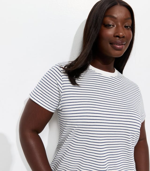 New Look Women's Plus Size Blue Cotton Striped Relaxed Fit T-Shirt Curves New Look - 2