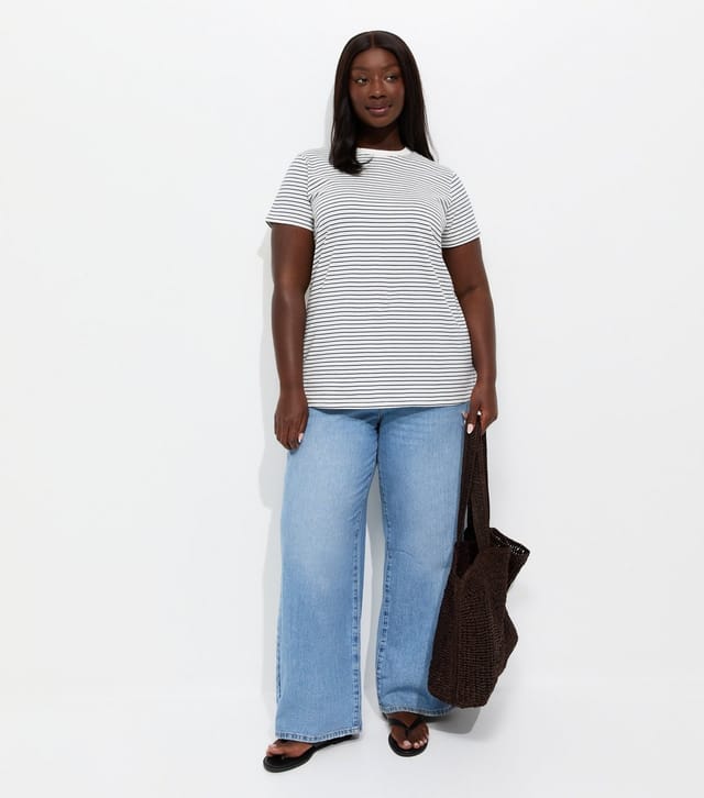 New Look Women's Plus Size Blue Cotton Striped Relaxed Fit T-Shirt Curves New Look - 3