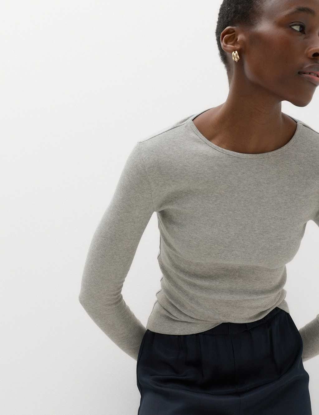 Marks & Spencer M&S Cotton Rich Ribbed Regular Fit Top Grey Marl - 1