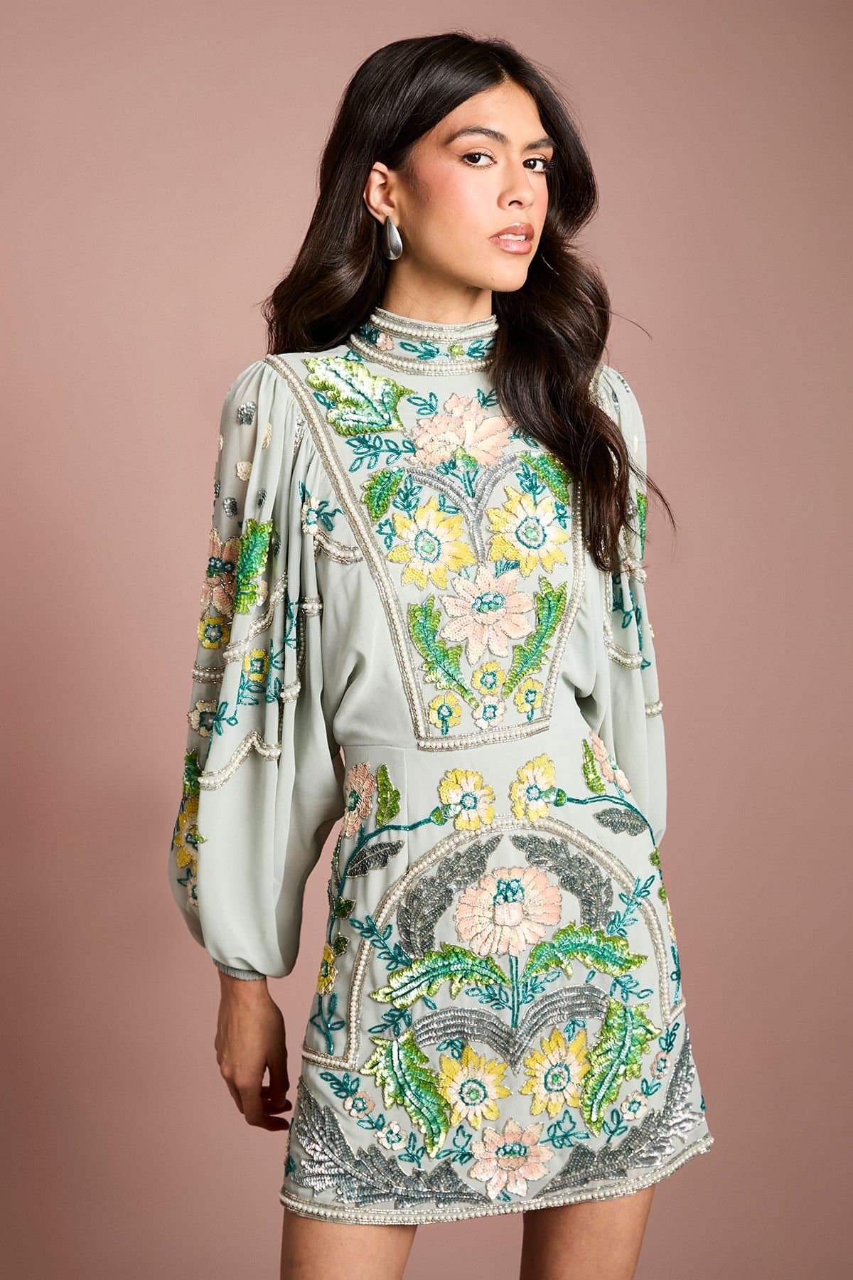 Coast Coast Women's Muse Long Sleeve Batwing Embellished Mini Dress in Sage