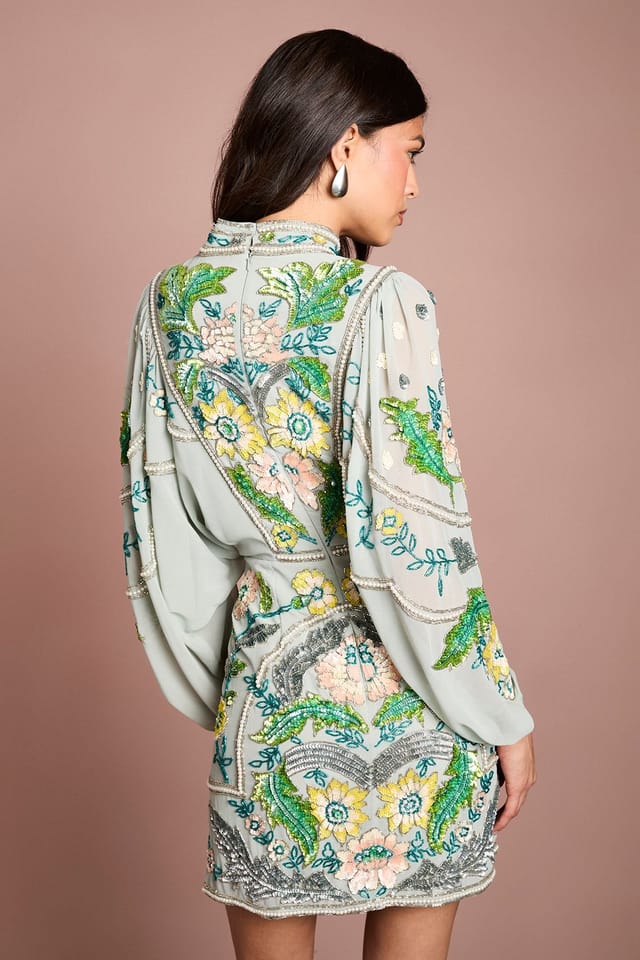 Coast Coast Women's Muse Long Sleeve Batwing Embellished Mini Dress in Sage - 3