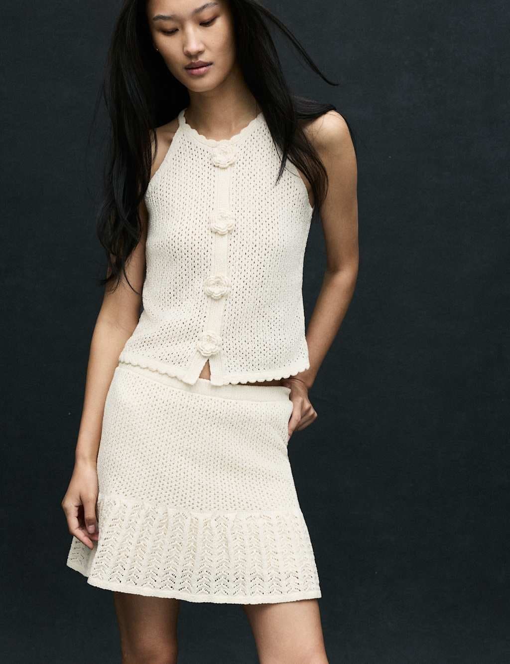 Marks & Spencer M&S Cotton Blend Pointelle Knitted Vest Soft White