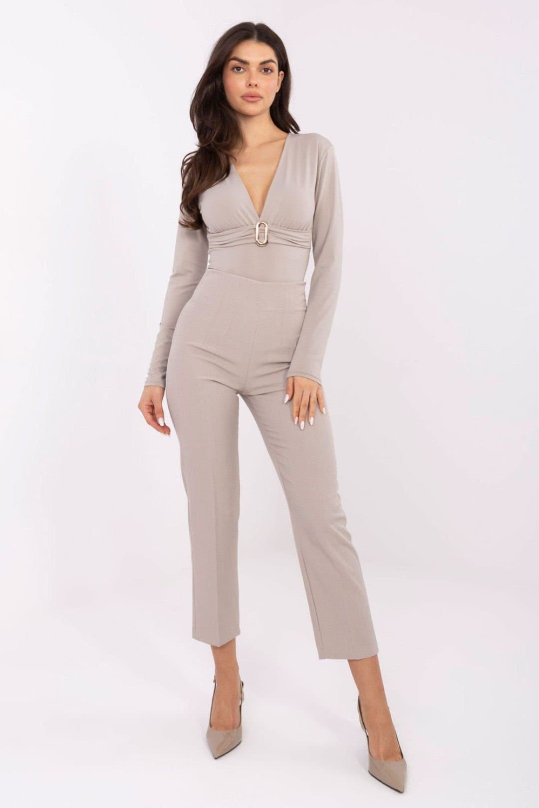 Love Lace Love Lace Women's Elegant High Waist Cigarette Trousers Style 221261 in Beige