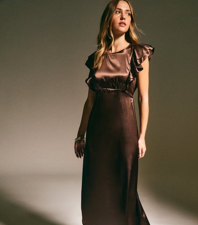 New Look Women's Dark Brown Satin Ruffled Sleeve Midi Dress New Look - 3