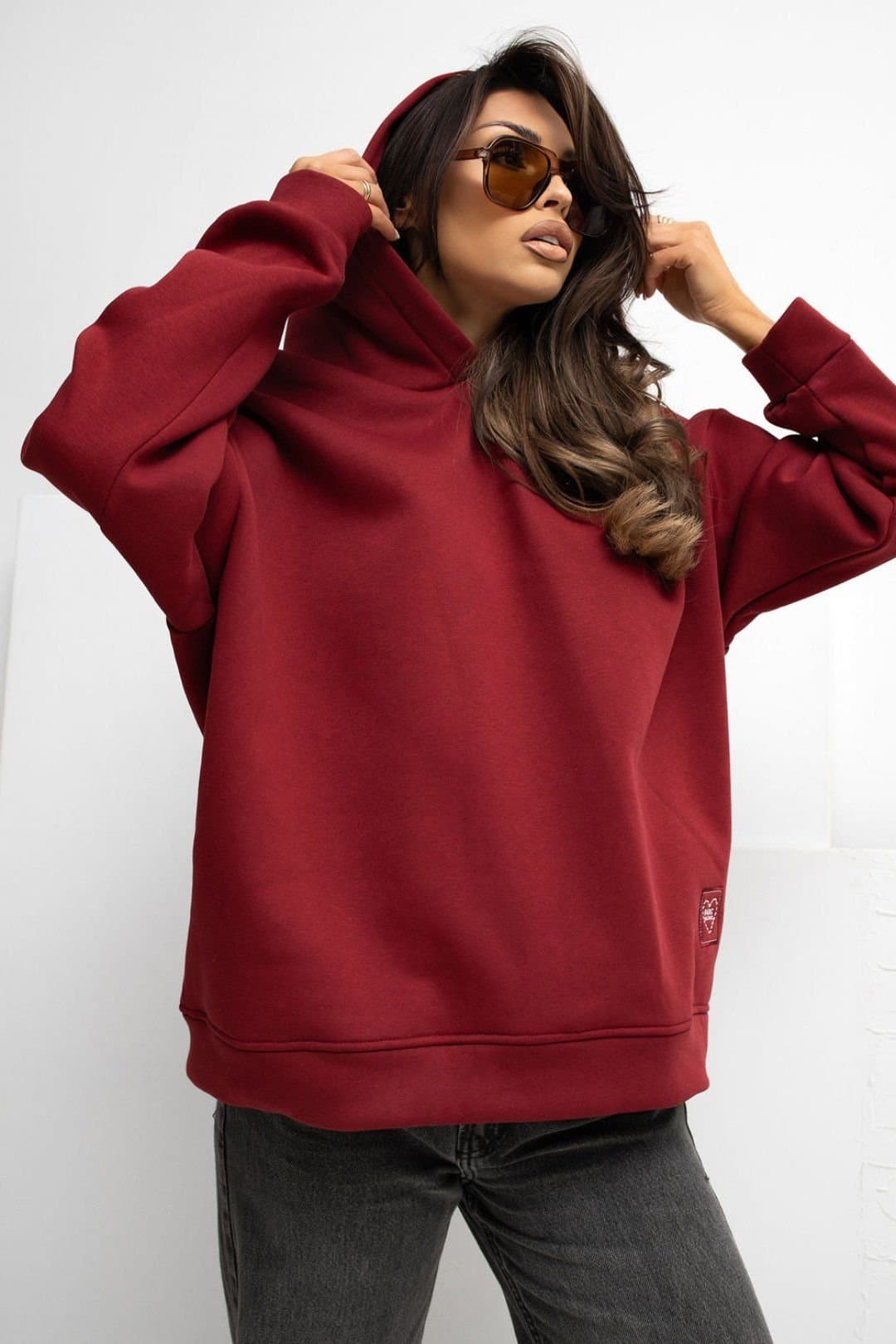 Love Lace Love Lace Women's Loose Hooded Pullover Top with Soft Stretch in Burgundy